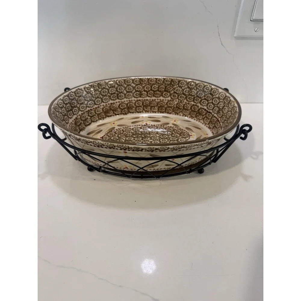 Temptations by Tara Old World BROWN 2 QT Oval Casserole Dish Rack Trivet 3 Pcs